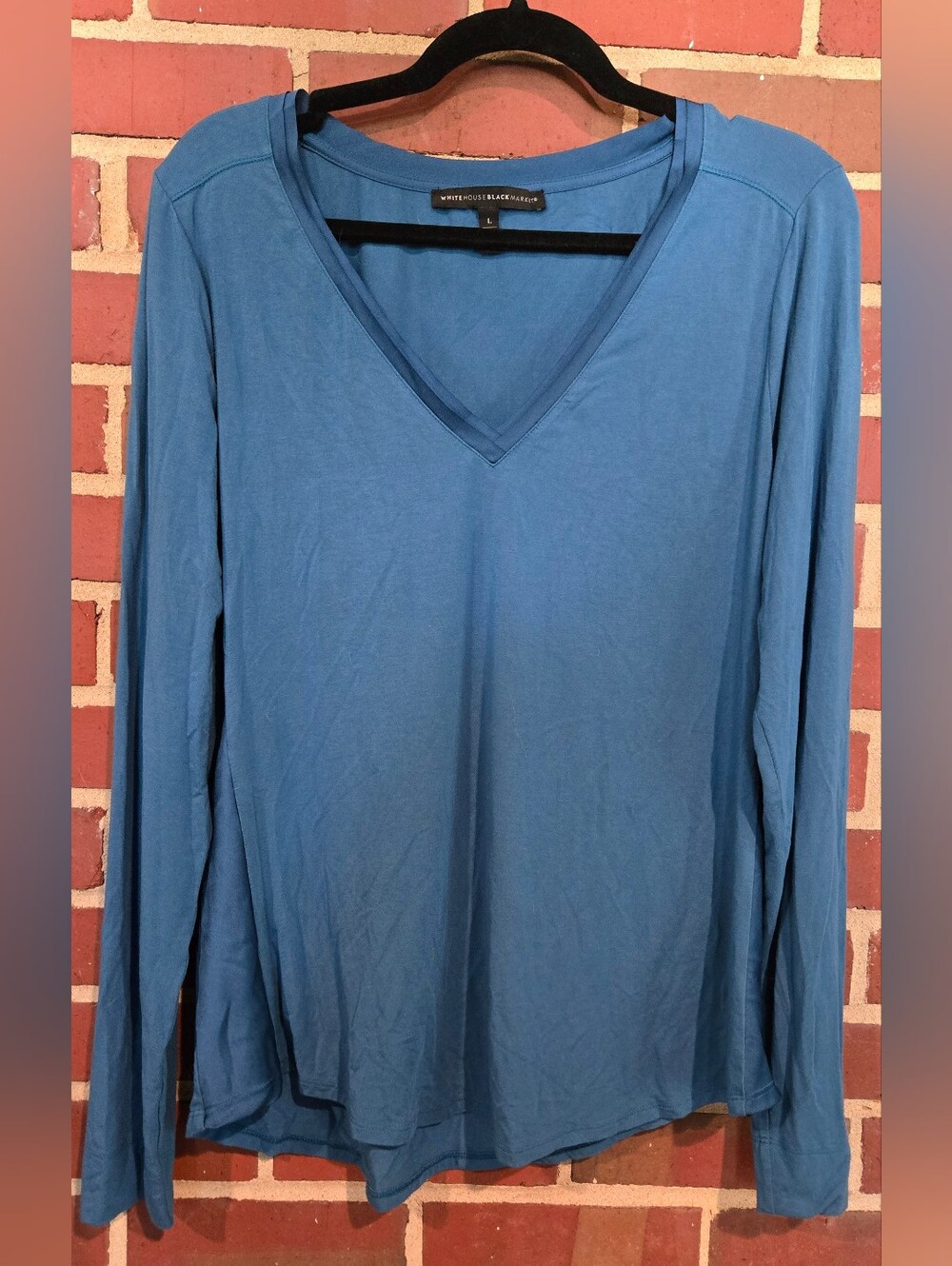 White House Black Market Blue V Neck Long Sleeve Top Rayon Large